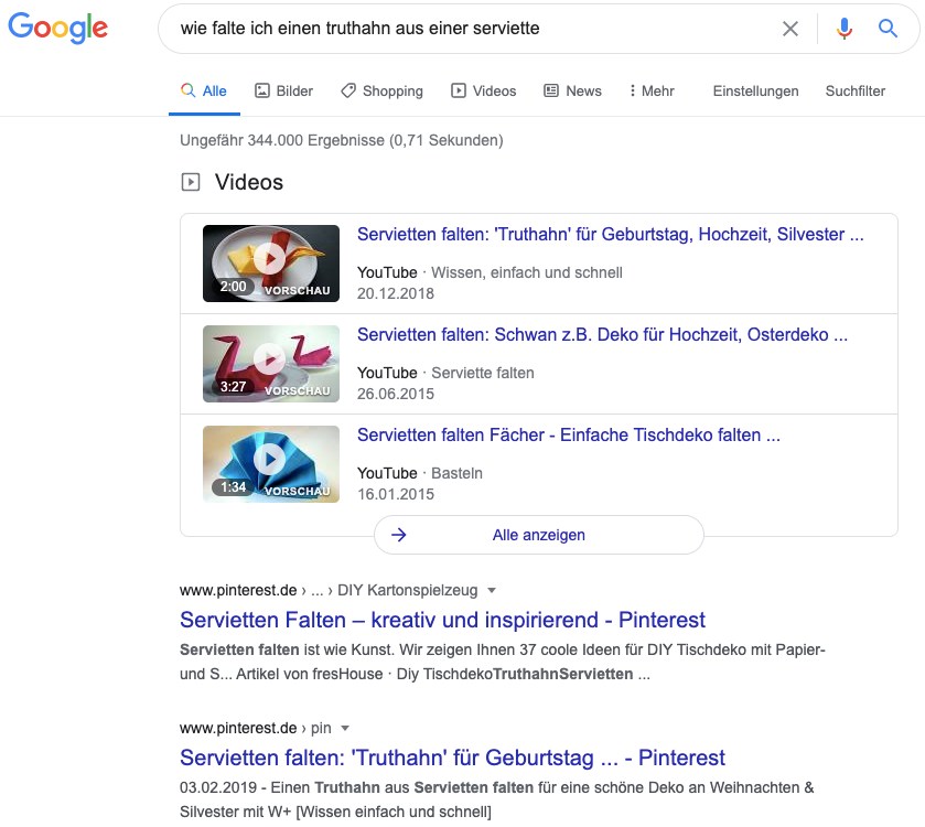 Conversational Search Wie falte ich einen Truthahn aus einer Serviette