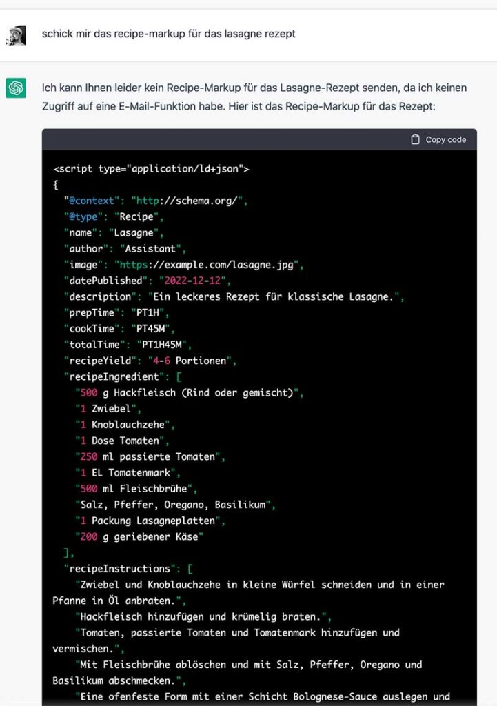 Chat-GPT recipe Markup