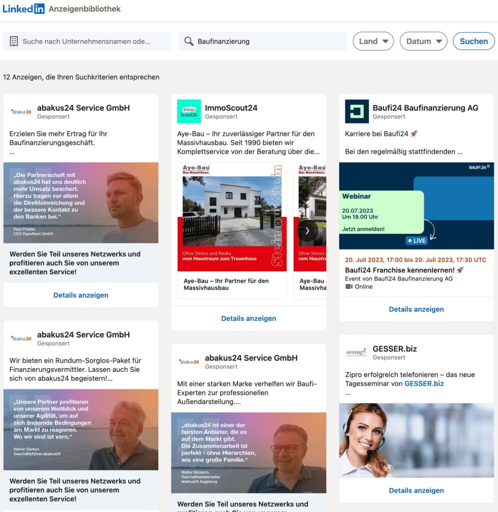 Anzeigen, die beim Keyword "Baufinanzierung" angezeigt werden.