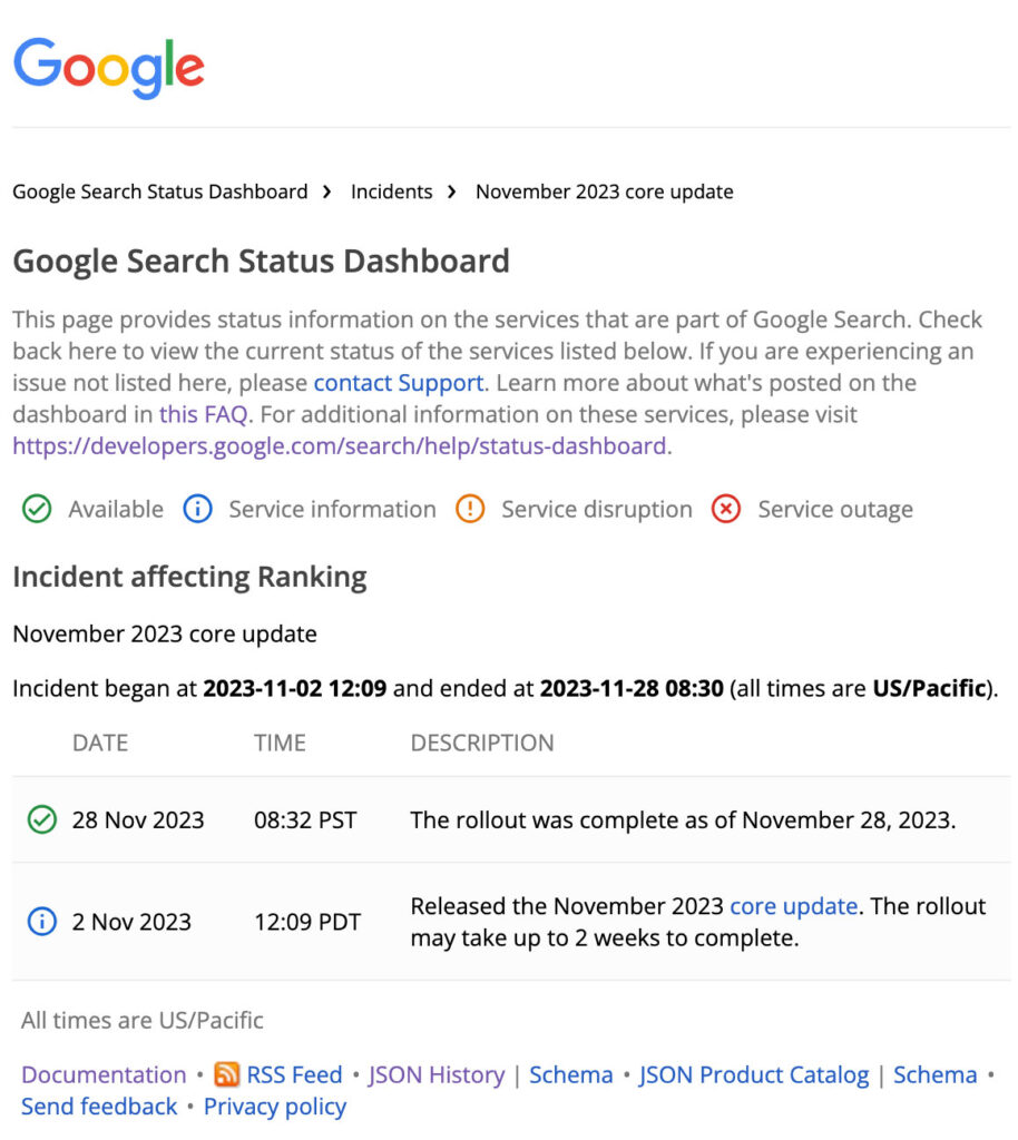Google Search Status Dashboard
