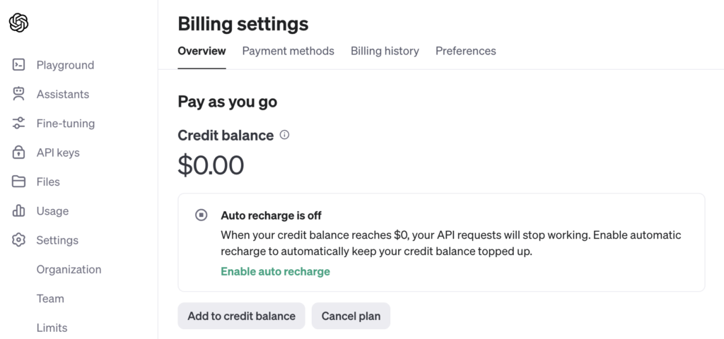 API Credits aufladen OpenAI