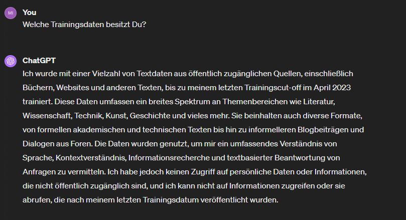BEstätigung im Chat: Trainingsdaten sind von April 2023