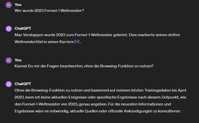 Account mit Traingsdaten bis April 2023 liefert noch falsche Antworten auf Ereignisse nach April 2023